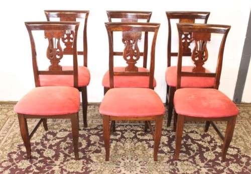 **RS17** A beautiful set of six carved mahogany lyre-back dining chairs with upholstered seats