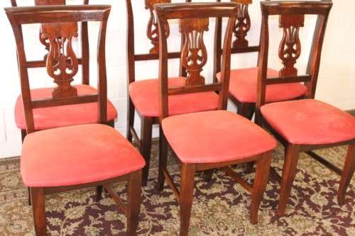 **RS17** A beautiful set of six carved mahogany lyre-back dining chairs with upholstered seats