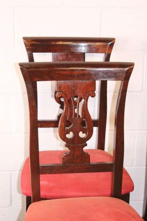 **RS17** A beautiful set of six carved mahogany lyre-back dining chairs with upholstered seats
