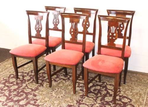 **RS17** A beautiful set of six carved mahogany lyre-back dining chairs with upholstered seats