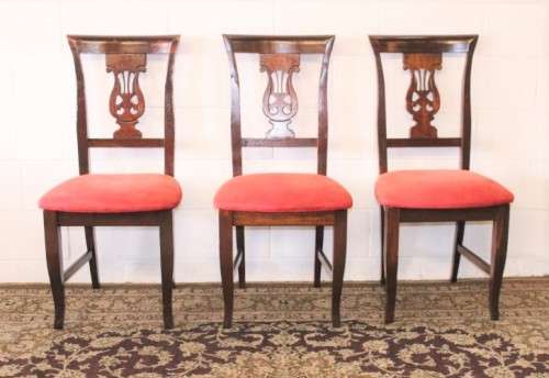 **RS17** A beautiful set of six carved mahogany lyre-back dining chairs with upholstered seats