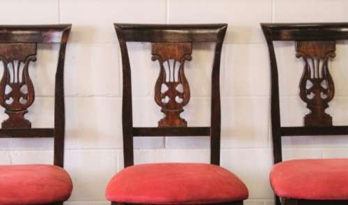 **RS17** A beautiful set of six carved mahogany lyre-back dining chairs with upholstered seats