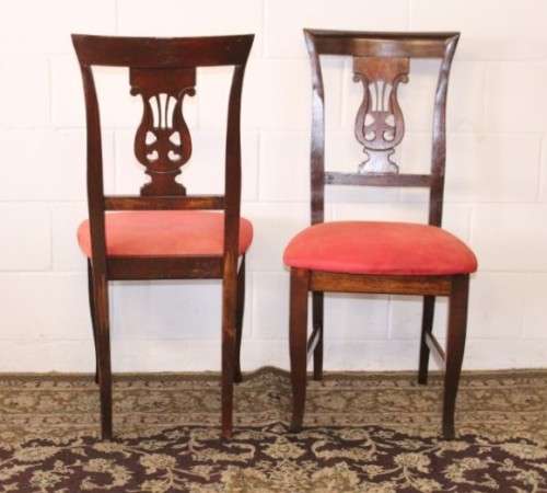 **RS17** A beautiful set of six carved mahogany lyre-back dining chairs with upholstered seats