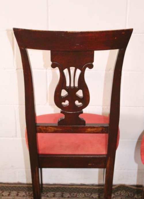 **RS17** A beautiful set of six carved mahogany lyre-back dining chairs with upholstered seats