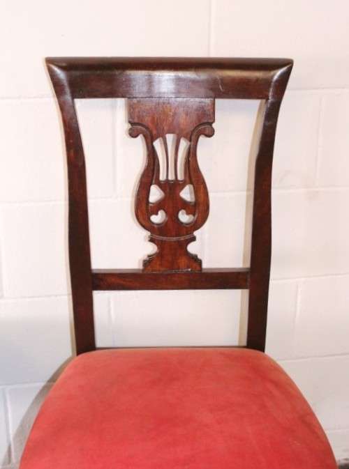 **RS17** A beautiful set of six carved mahogany lyre-back dining chairs with upholstered seats