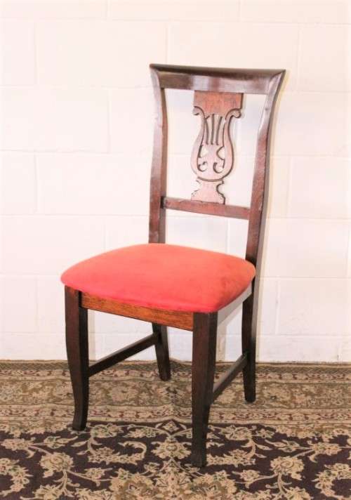 **RS17** A beautiful set of six carved mahogany lyre-back dining chairs with upholstered seats