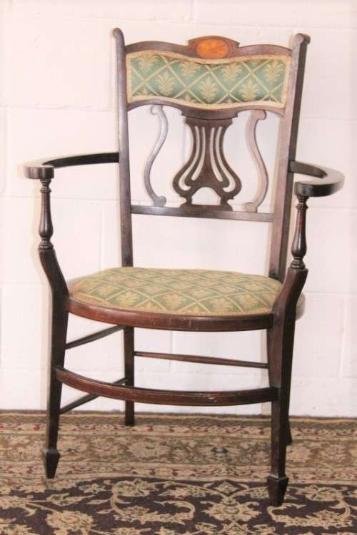 **RS17** Exceptionally rare antique Hepplewhite upholstered elbow-chair w/ marquetry inlay detailing