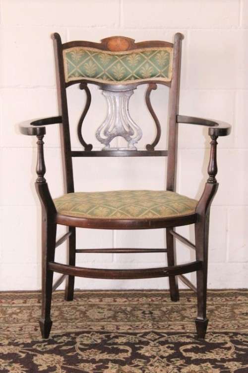 **RS17** Exceptionally rare antique Hepplewhite upholstered elbow-chair w/ marquetry inlay detailing