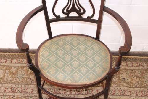 **RS17** Exceptionally rare antique Hepplewhite upholstered elbow-chair w/ marquetry inlay detailing