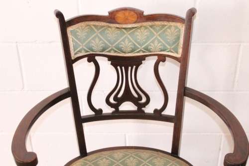 **RS17** Exceptionally rare antique Hepplewhite upholstered elbow-chair w/ marquetry inlay detailing