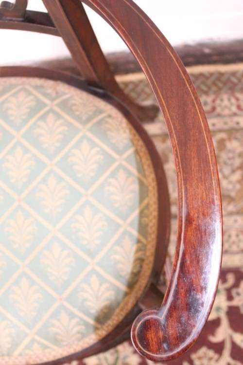 **RS17** Exceptionally rare antique Hepplewhite upholstered elbow-chair w/ marquetry inlay detailing