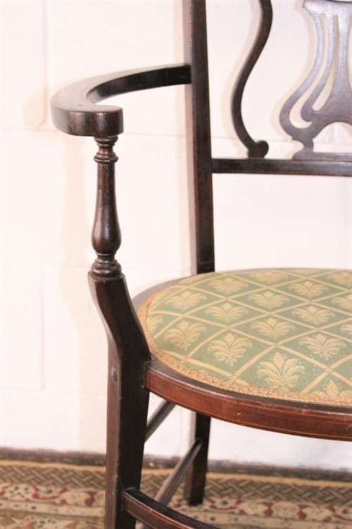**RS17** Exceptionally rare antique Hepplewhite upholstered elbow-chair w/ marquetry inlay detailing