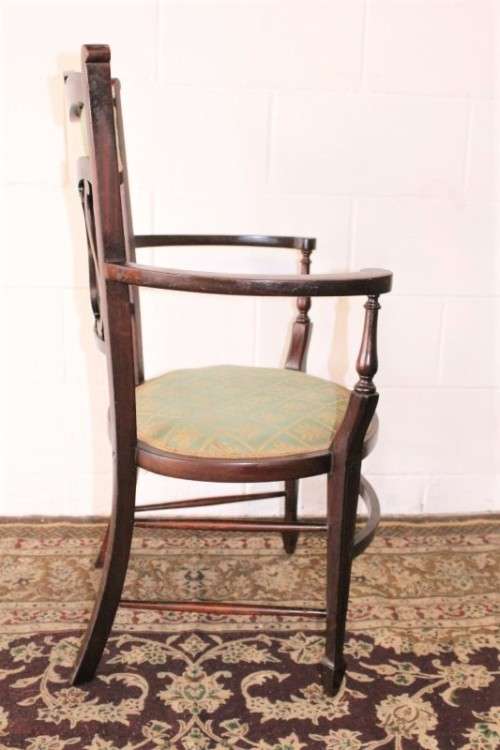 **RS17** Exceptionally rare antique Hepplewhite upholstered elbow-chair w/ marquetry inlay detailing