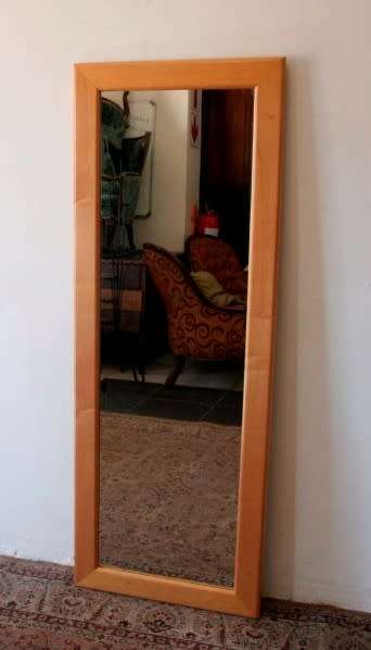 A fabulous modern tall (55cm x 150cm) framed wall mounted Yellow wood mirror