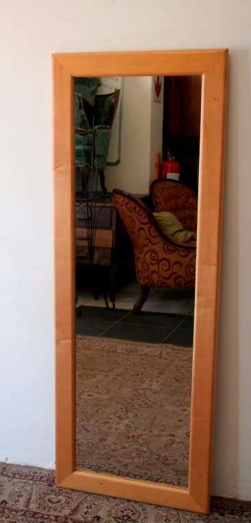 A fabulous modern tall (55cm x 150cm) framed wall mounted Yellow wood mirror