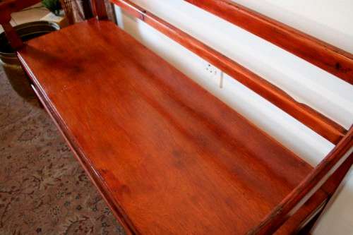 A wonderful well-made, sturdy vintage three seater  wood bench - perfect  in a lapa/ patio!