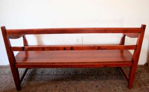 A wonderful well-made, sturdy vintage three seater  wood bench - perfect  in a lapa/ patio!