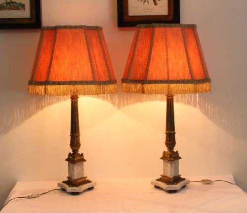 An incredible pair of antique ornate gilt-brass & white Italian marble buffet lamps w/ period shades