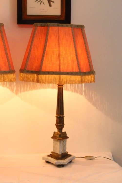 An incredible pair of antique ornate gilt-brass & white Italian marble buffet lamps w/ period shades
