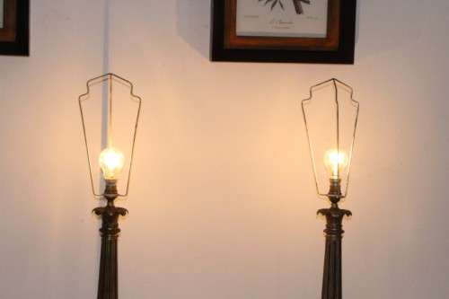 An incredible pair of antique ornate gilt-brass & white Italian marble buffet lamps w/ period shades