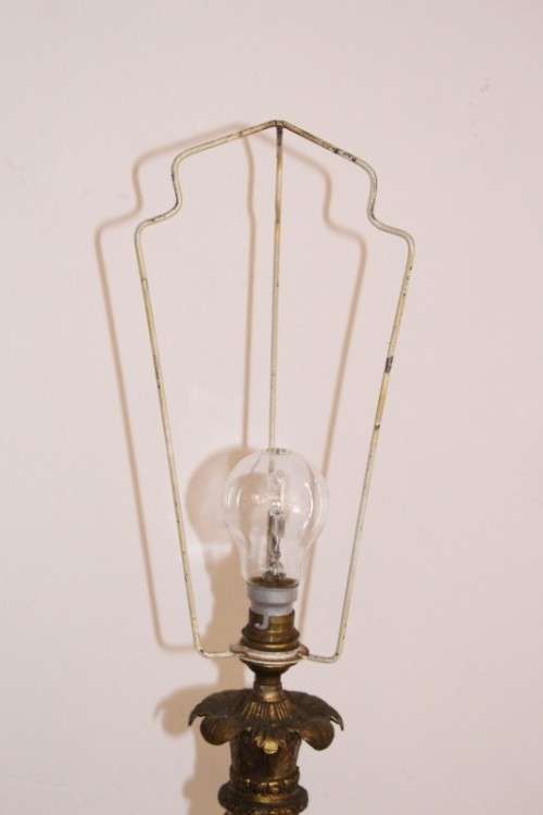 An incredible pair of antique ornate gilt-brass & white Italian marble buffet lamps w/ period shades