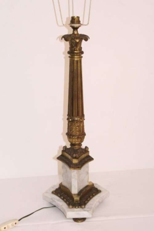 An incredible pair of antique ornate gilt-brass & white Italian marble buffet lamps w/ period shades