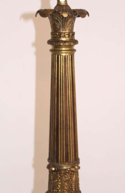 An incredible pair of antique ornate gilt-brass & white Italian marble buffet lamps w/ period shades