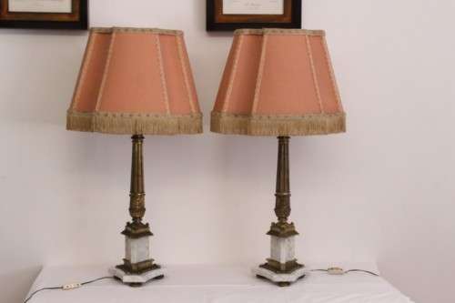 An incredible pair of antique ornate gilt-brass & white Italian marble buffet lamps w/ period shades