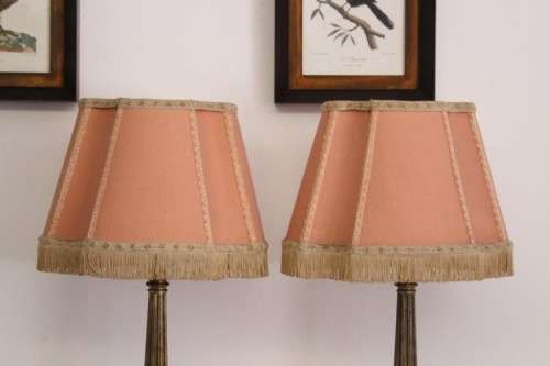 An incredible pair of antique ornate gilt-brass & white Italian marble buffet lamps w/ period shades