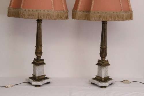 An incredible pair of antique ornate gilt-brass & white Italian marble buffet lamps w/ period shades