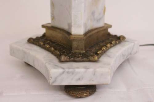An incredible pair of antique ornate gilt-brass & white Italian marble buffet lamps w/ period shades