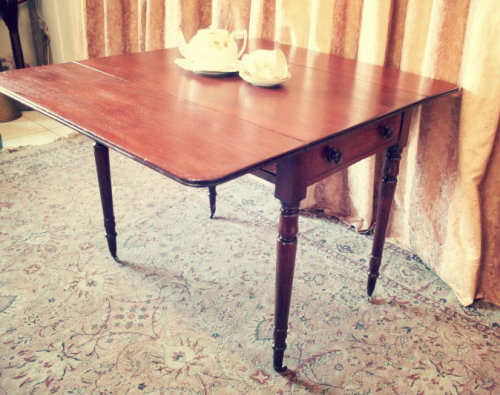 vintage drop leaf occasional table with ornate brass castors and a drawer-Lifespace Sale