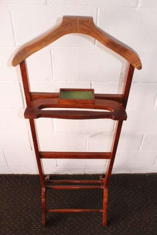 An awesome tall vintage Pakistani solid Teak dumb valet clothing stand w/ cuff-link box & shoe rack