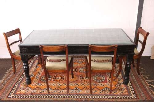 A  6-8 seater Indian teak dining table w/ brass detailing and bevelled glass top - Lifespace Sale