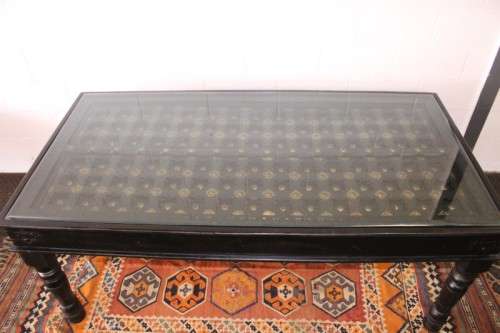 A  6-8 seater Indian teak dining table w/ brass detailing and bevelled glass top - Lifespace Sale