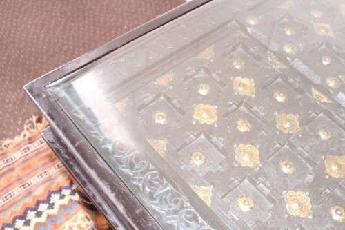A  6-8 seater Indian teak dining table w/ brass detailing and bevelled glass top - Lifespace Sale