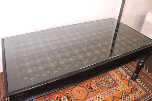 A  6-8 seater Indian teak dining table w/ brass detailing and bevelled glass top - Lifespace Sale