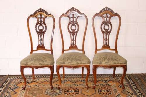 **RS17** 6x stylish Queen Anne dining chairs w/ beautiful carved backrests and brocade fabric seats
