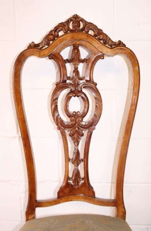 **RS17** 6x stylish Queen Anne dining chairs w/ beautiful carved backrests and brocade fabric seats