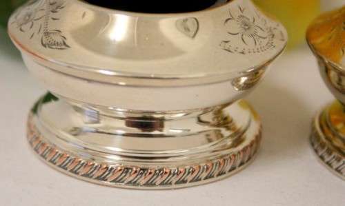 A set of gorgeous EPNS silver plated mustard pots with cobalt blue glass bowls and a spoon.