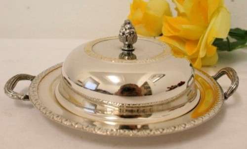 A gorgeous vintage Seranco silver plated lidded breakfast butter dish with an ornate lid.