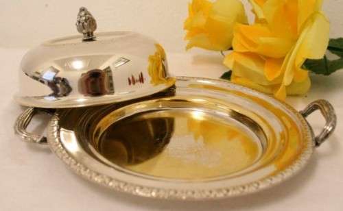 A gorgeous vintage Seranco silver plated lidded breakfast butter dish with an ornate lid.