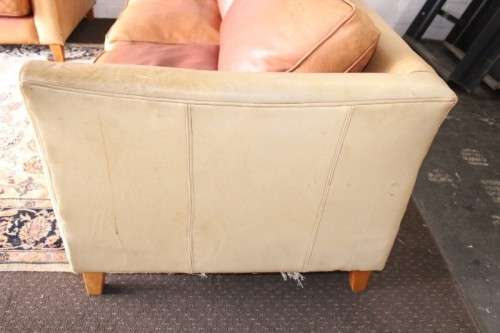 Two stunning and very comfortable large genuine full-grain tan leather couches w/ removable cushions