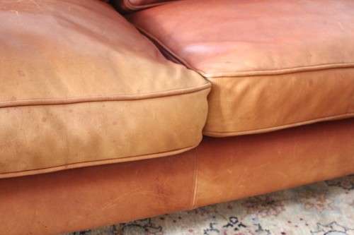 Two stunning and very comfortable large genuine full-grain tan leather couches w/ removable cushions