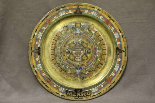An awesome Mexican solid brass "Aztec/ Mayan" calendar display plate with enamelled detailing