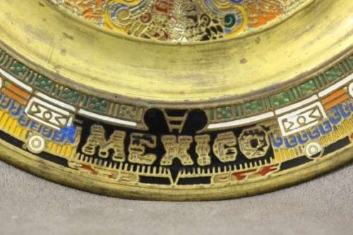 An awesome Mexican solid brass "Aztec/ Mayan" calendar display plate with enamelled detailing