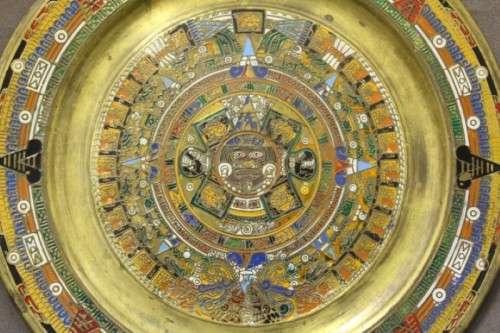 An awesome Mexican solid brass "Aztec/ Mayan" calendar display plate with enamelled detailing