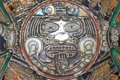 An awesome Mexican solid brass "Aztec/ Mayan" calendar display plate with enamelled detailing
