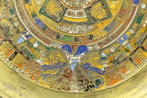 An awesome Mexican solid brass "Aztec/ Mayan" calendar display plate with enamelled detailing