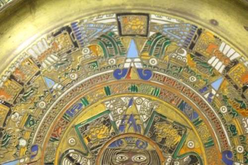 An awesome Mexican solid brass "Aztec/ Mayan" calendar display plate with enamelled detailing